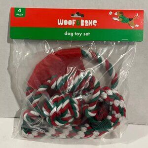 4 Pack Dog Toy Set, Woof & Bone, Red Green Rope Balls Pull, NEW